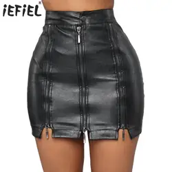 Black Womens Mini Skirts Ladies Soft Faux Leather Bodycon Mini Skirt High Waist Zipper Front Pencil Skirt for Club Party