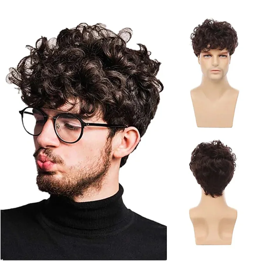 

Brown Short Afro Men Wig Layered Short Fluffy Curly Synthetic Hair Halloween Party Cosplay Costume Full Wigs for party