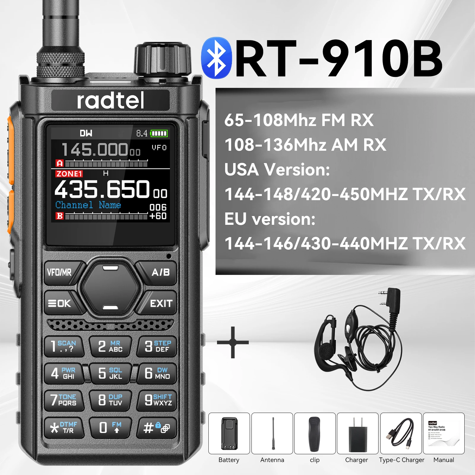 Bluetooth Programmable Walkie-Talkie with 960 Channels and AM/FM Air Band
