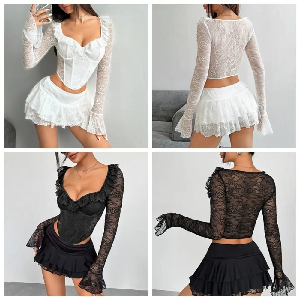 Description Picture 5 of itemRuffled Lace Corset T Shirts V-neck Slim Fit Long Sleeve Mesh Shirts Streetwear Transparent Lace Crop Tops Women Spring Summer