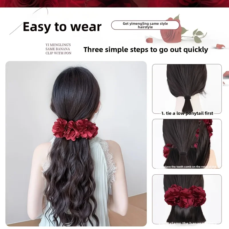 18Inch Water Wave Synthetic Claw Clip Ponytail Hair Extension With Red Flower Banana Clip Layered Ponytail for Women Daily Use