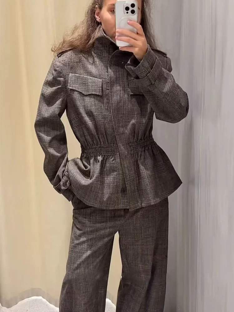 Woman Vintage Jackets Pants 2 Piece Set Pocket Button Standing Collar Coat High Waist Trousers Fashion Style Plaid Set Clothes
