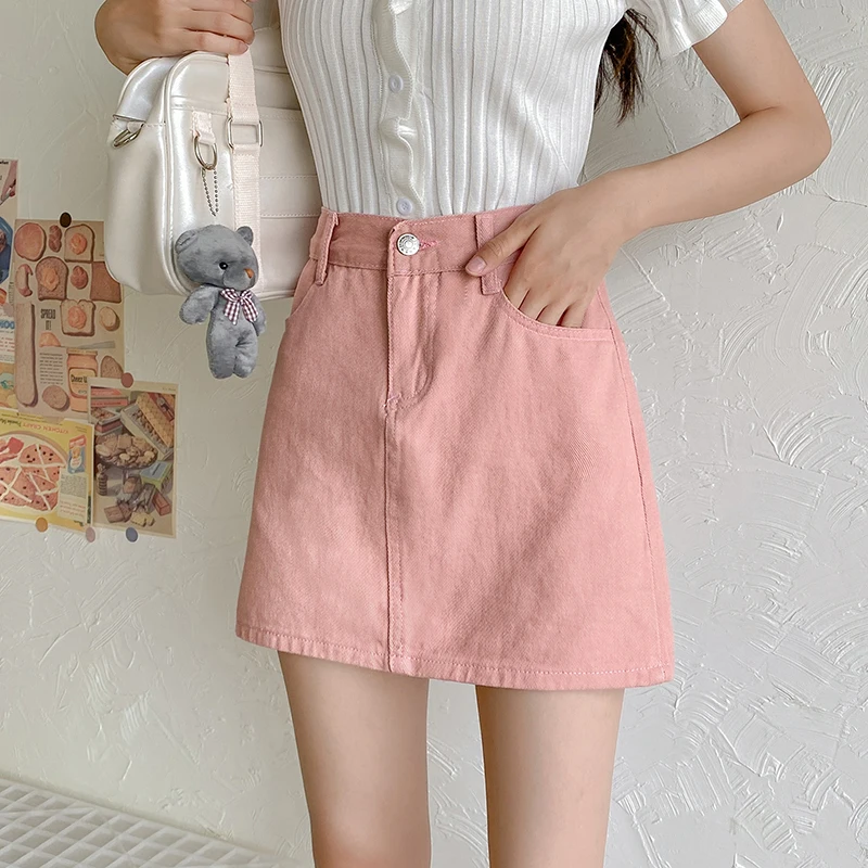 Ailegogo Spring Summer Women Classic Solid Color A-line Denim Skirts Casual Female Elastic Waist Ladies Pink Black Jeans Skirt crop top and skirt