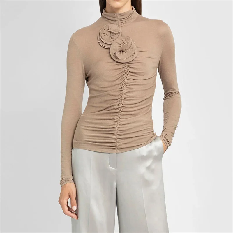 

Woman clothing 2023 Autumn New korean fashion 3D floral embellishment T-shirt pleated slim Long sleeved high-quality tops y2k