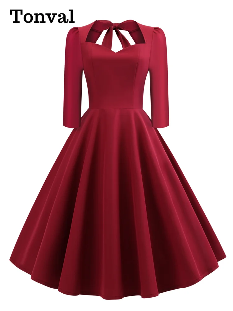 

Tonval Sweetheart Neck Burgundy Solid A-Line Vintage Party Dresses Women Evening Elegant Autumn 3/4 Length Sleeve Midi Dress