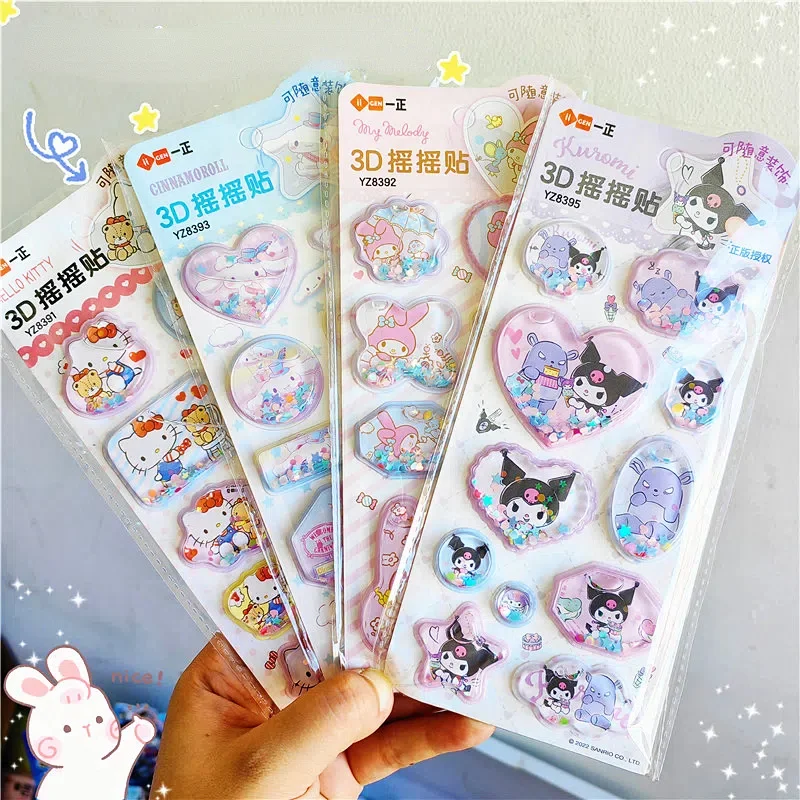 Kawaii Sanrio Shake Water Stickers Anime Cute Hello Kitty My Melody Kuromi Crystal Sticker 3d Decorative Bubble Stickers Gift