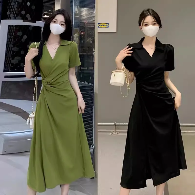 

2024 Summer New Women's Fashion French Waist Wrapping Belly Covering Slim Skirt Fat mm High end Polo Dress Female Commuter WLF