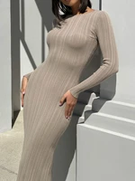 Women Spring Autumn Solid Color Bodycon Knit Dress Long Sleeve Crew Neck Ribbed Dress Slim Fit Long Dress - Image 5