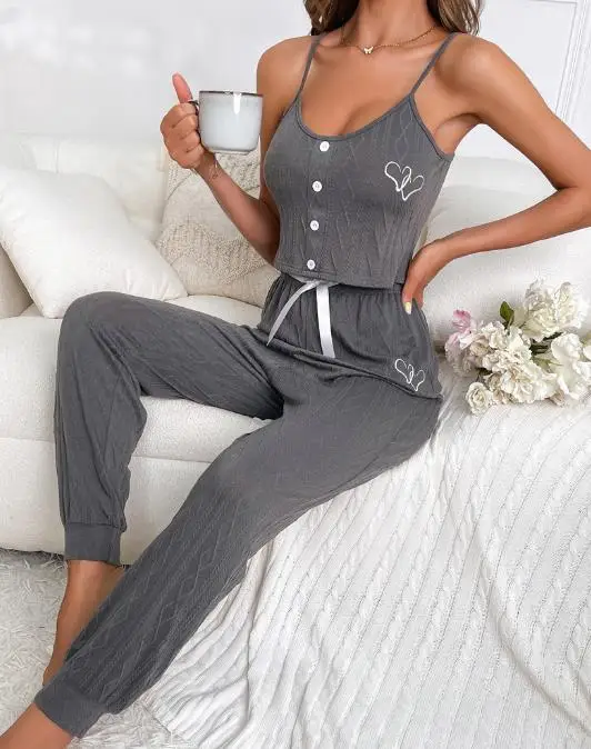 

Homewear Pajama Set Two Piece for Women Autumn New Comfortable Leisure Fashion Heart Print Buttoned Cable Textured Cami Set