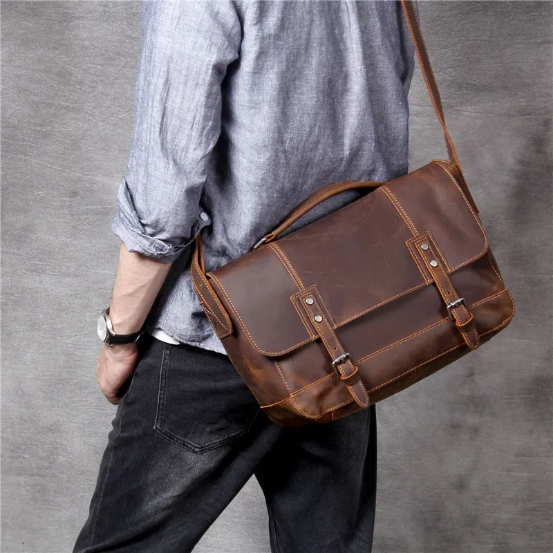 

Vintage natural crazy horse cowhide men's messenger bag outdoor travel high quality genuine leather handbag daily work satchel