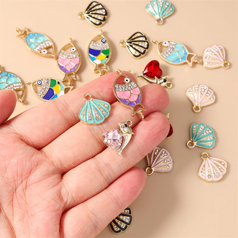 10pcs 귀여운 해양 생물 참 크리스탈 합금 물고기 쉘 참 펜던트 목걸이 귀걸이 만들기 DIY 공예 쥬얼리 액세서리