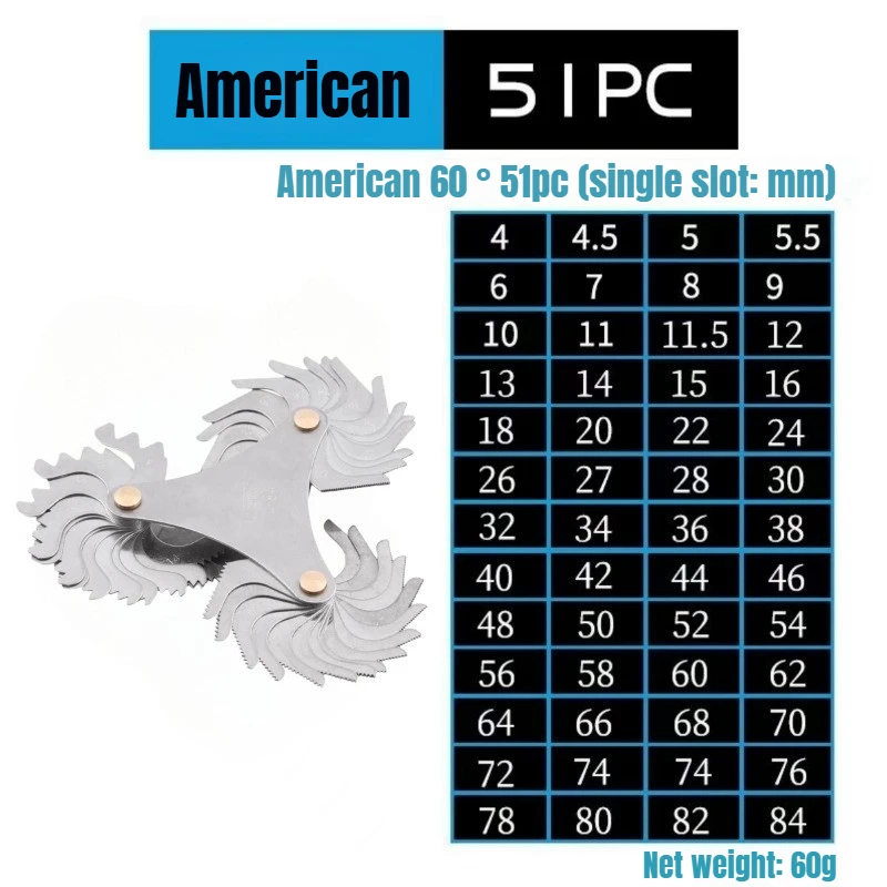 51/58PCS Stainless Steel Pitch Scale High Precision Measuring Tool Insert U.S. Screw Gauge Metric Inch One Piece Thread Samples