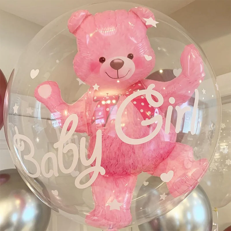 4D Trasparente Baby Boy Girl Blue Pink Bubble Balloon Bear Foil Balloons Kids Birthday Gender Reveal Baby Shower Decorations