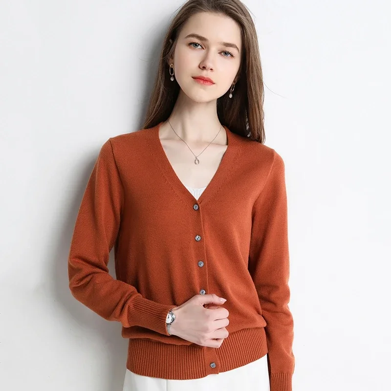 Women Cardigans V-neck Long Sleeve Knitted Outerwear Solid Thin Spring Autumn Sweaters Knitwears Korean Fashion Red Cardigans 2