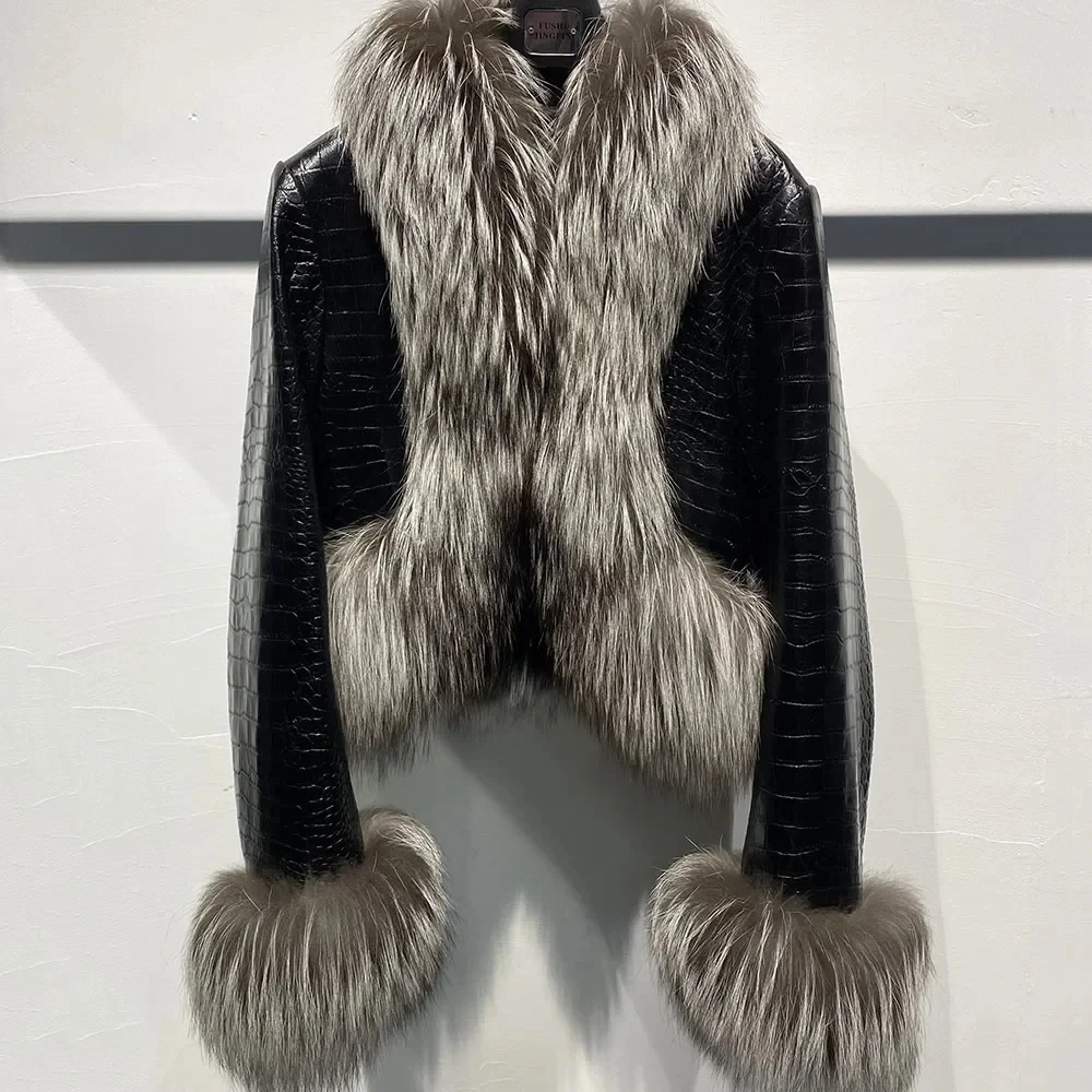 

Real Fox Fur Collar Genuine Leather Jacket Women 2023 Autumn New Black Croc Pattern Leather Cropped Jacket Ladies