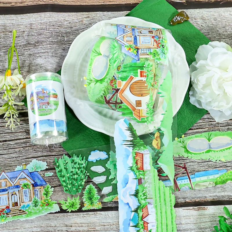 7cm*2m 시골 녹지 PET 와시 테이프 마을 투명 롤 스티커 장 갈매기 테이프 스크랩북킹 저널용