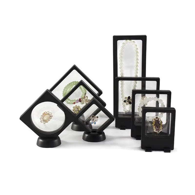 Clear Jewelry Suspended Coins Floating Display Case Box Stand Holder White Black 