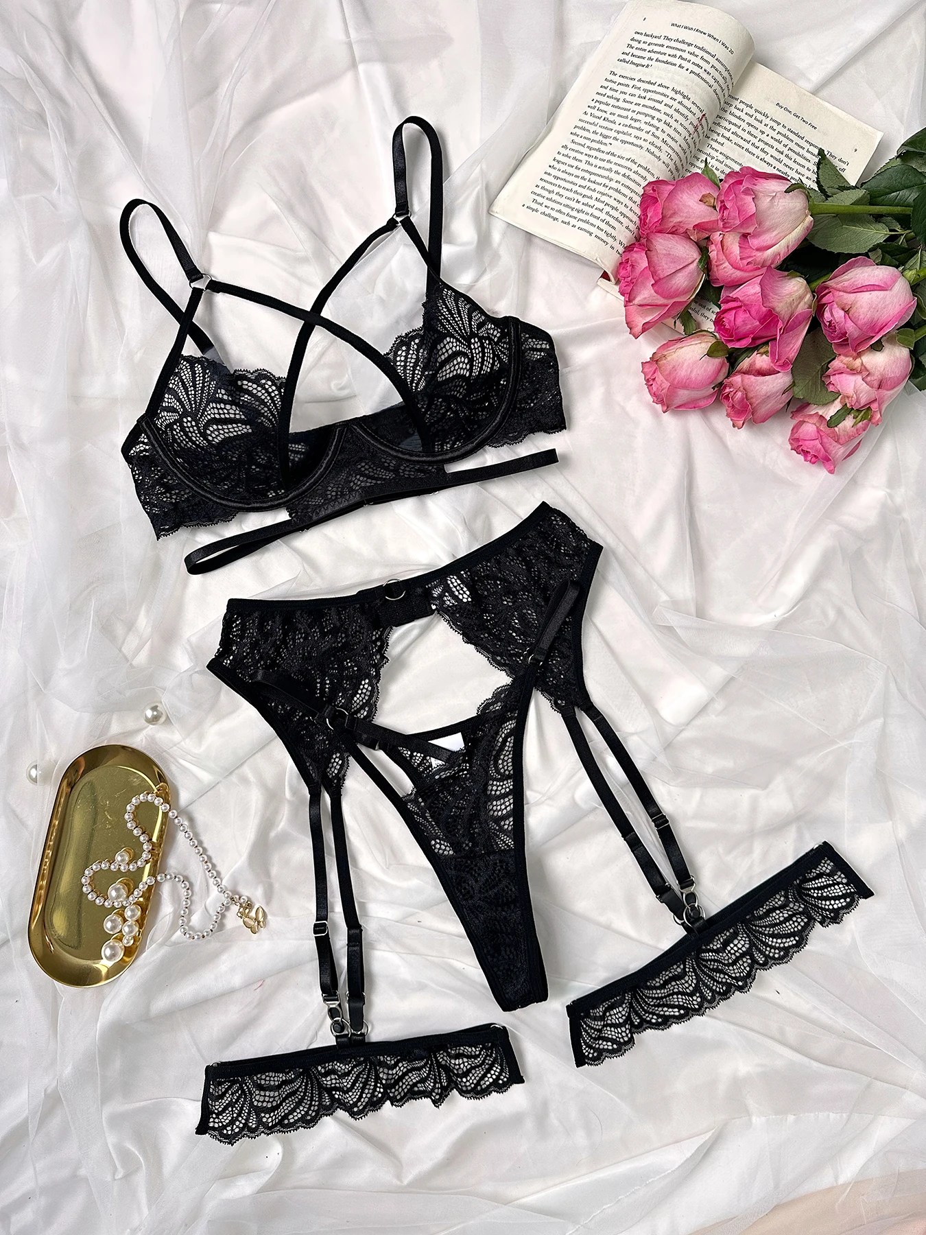 MUZISKAT Fashion Personality Steel Ring Bra Lace Mesh Sexy Cross Webbing Hollow Erotic Lingerie Waistband Hanging sexy lingerie waistband