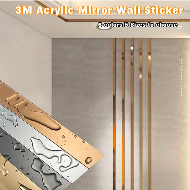 3 Meter Self-adhesive mirror wall sticker Acrylic Flat Decorative Lines 3D Wall Ceiling Edge Strip Mirror Living Room Decoration
