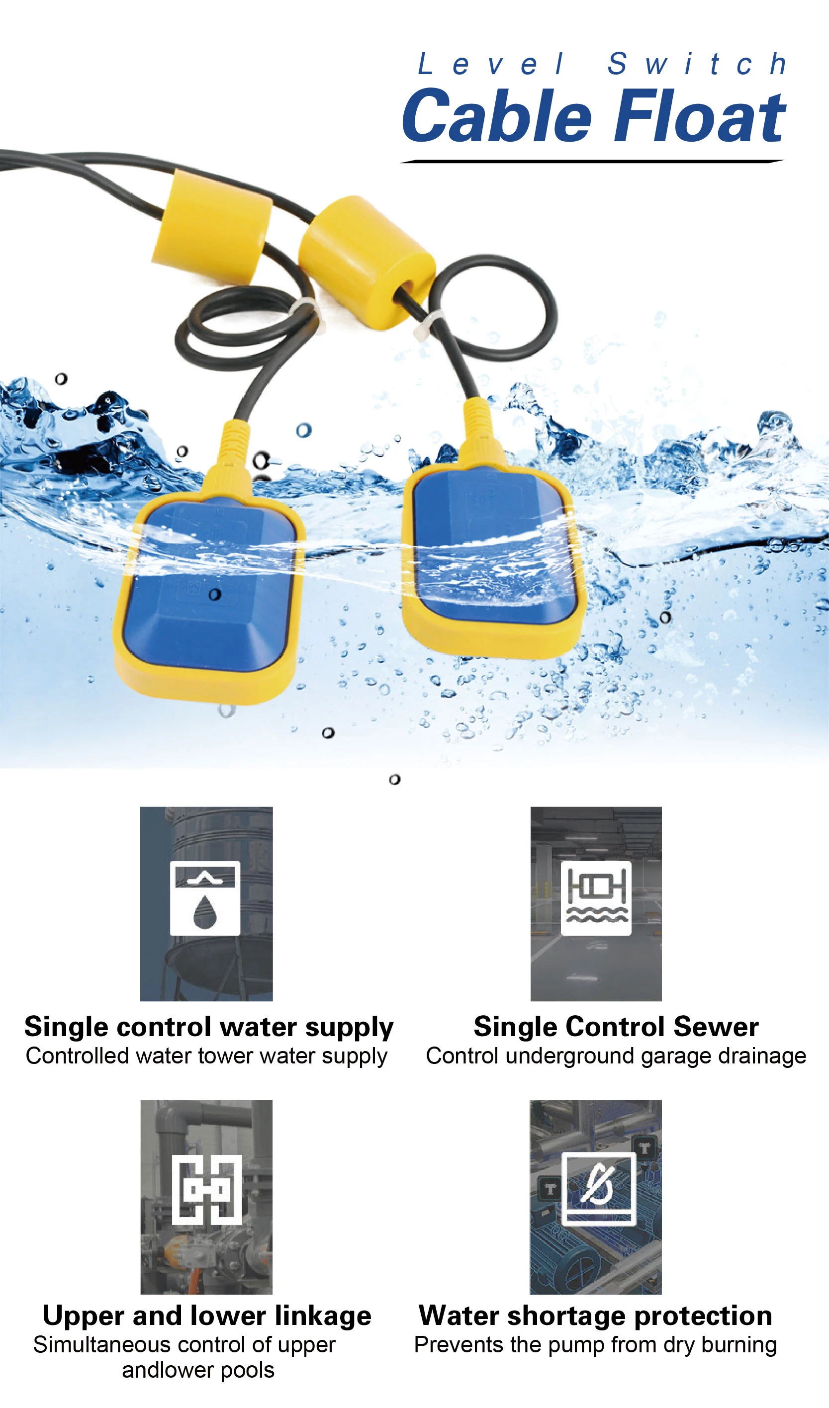 PP Cable Float Switch 2-6m IP65 Waterproof Liquid Level Controller 1650W Single