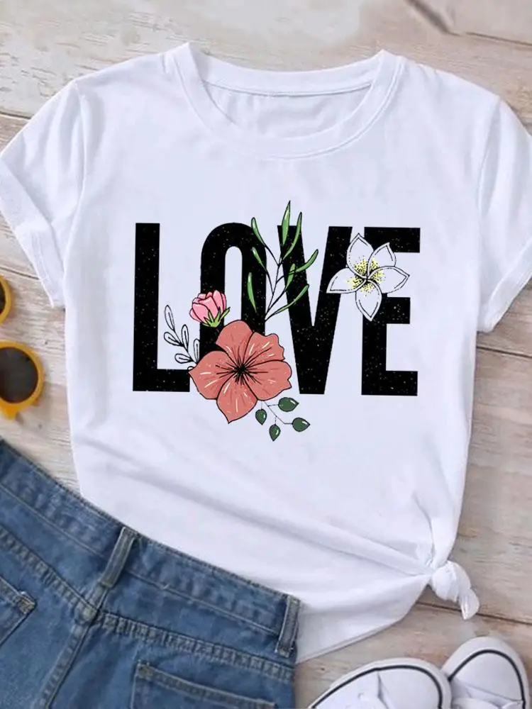 

Love Flower Letter Style Trend Cute Short Sleeve Tee Top Women Fashion Casual Clothing Female Print T-shirt Graphic T Shirt