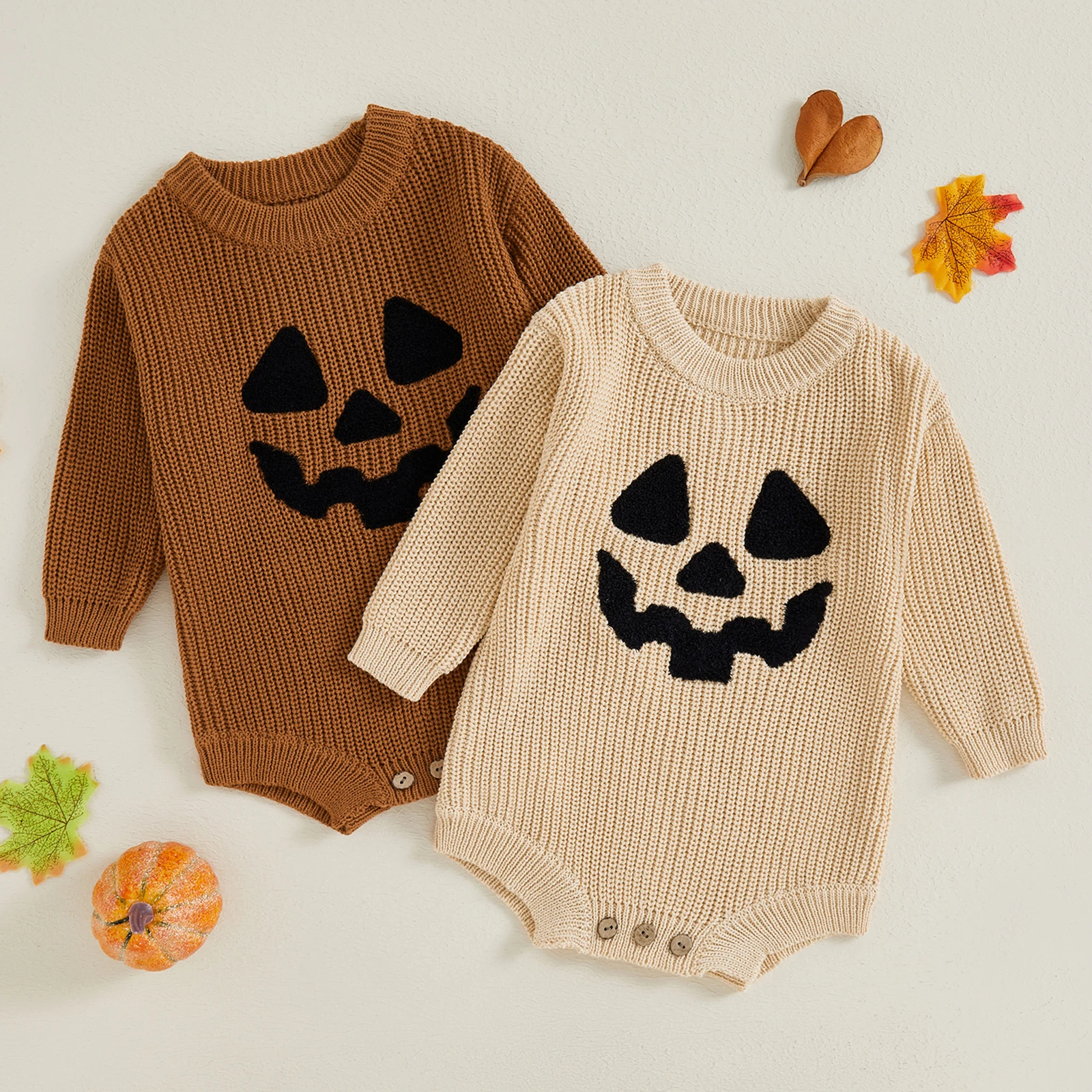 MISOWMNJOY Baby Girl Boy Knitted Romper Halloween Kids Clothes Cute Casual Pumpkin Embroidery Long Sleeve Jumpsuit for Newborn