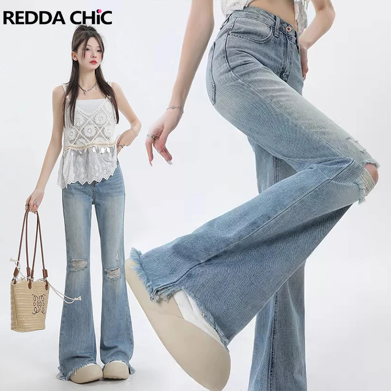 

REDDACHiC High-Low Raw Edge Flare Jeans Women Casual High Rise Vintage Wash Destroyed Whiskers Bootcut Pants OL Summer Clothes