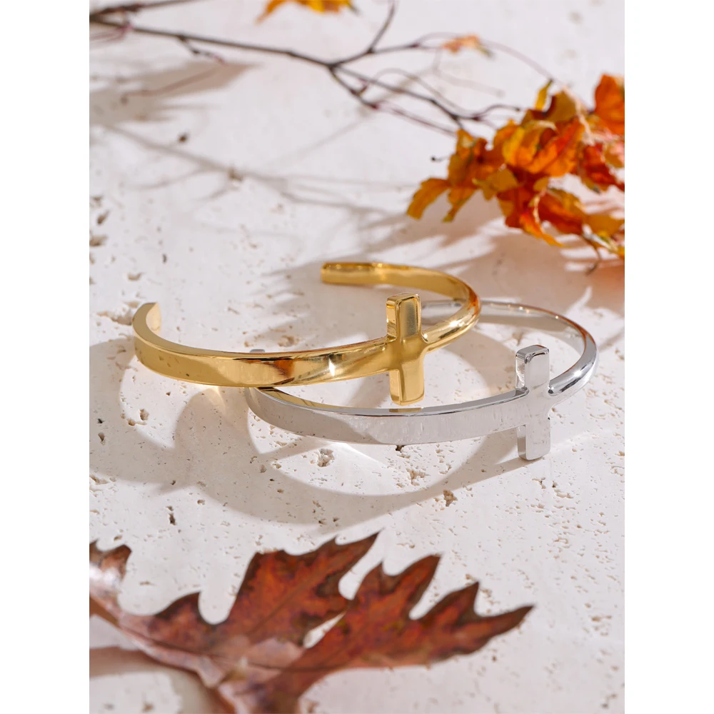 Yhpup Cuff Bracelet Stainless Steel Cross PVD Plated