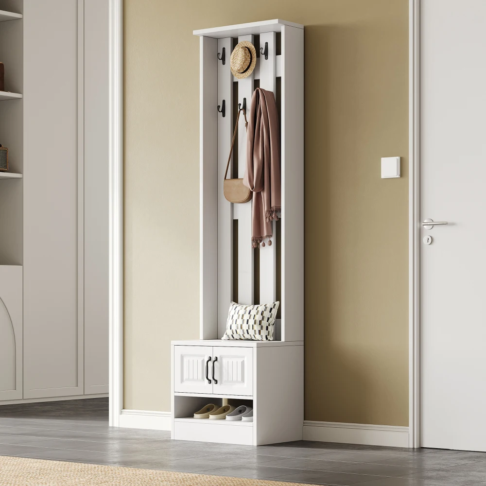 PINGGO Schuhbank, Schuhschrank, Flurmöbel mit 2 Türen, Rückwand, 8 Haken, Weiß, 50 x 36 x 190 cm – Detail 4