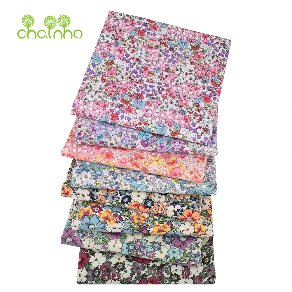 Chainho,Printed Plain Poplin Cotton Fabric,DIY Quilting Sewing Material,Patchwork Cloth,Floral Series,8 Designs,3 Sizes,15PC29