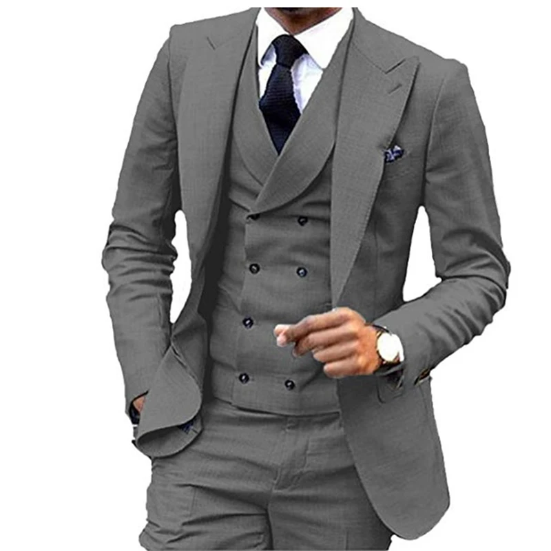 New Costume Homme Grey Peak Lapel Double Breast Vest Men Suit Slim Fit Business Formal Groom Wear 3 Pieces Terno Blazer
