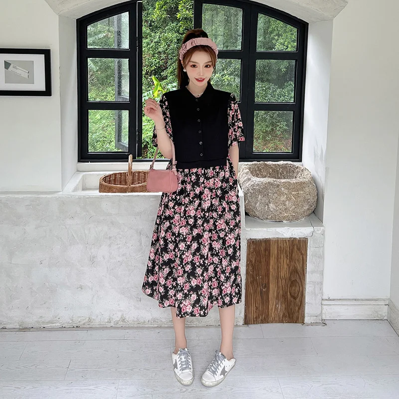 

#6226 платье-рубашка с цветочным принтом, воротник-поло, свободное платье-трапеция с завышенной талией, свободное винтажное платье миди на пуговицах, имитация двух частей