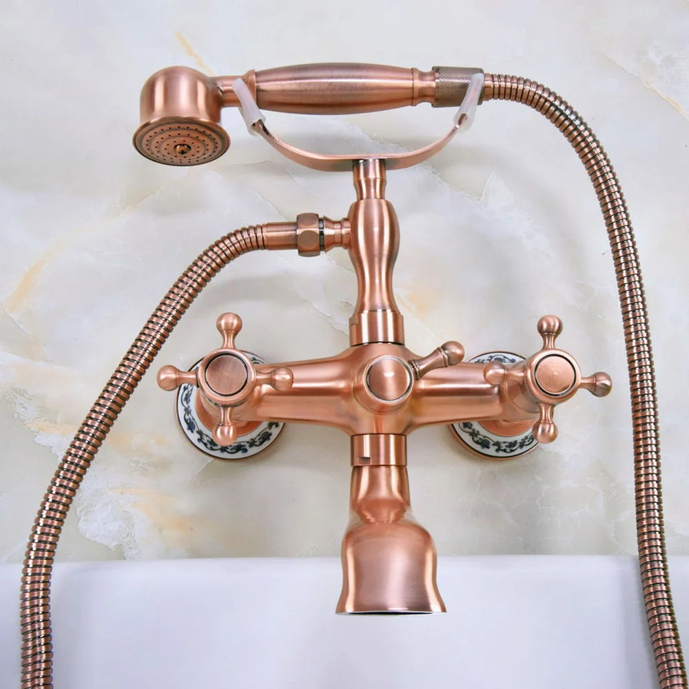 

Antique Red Copper Double Handle Wall Mounted Bathroom Bath Tub Faucet Set with 1.5M Hand Held Shower Spray Mixer Tap 2na338