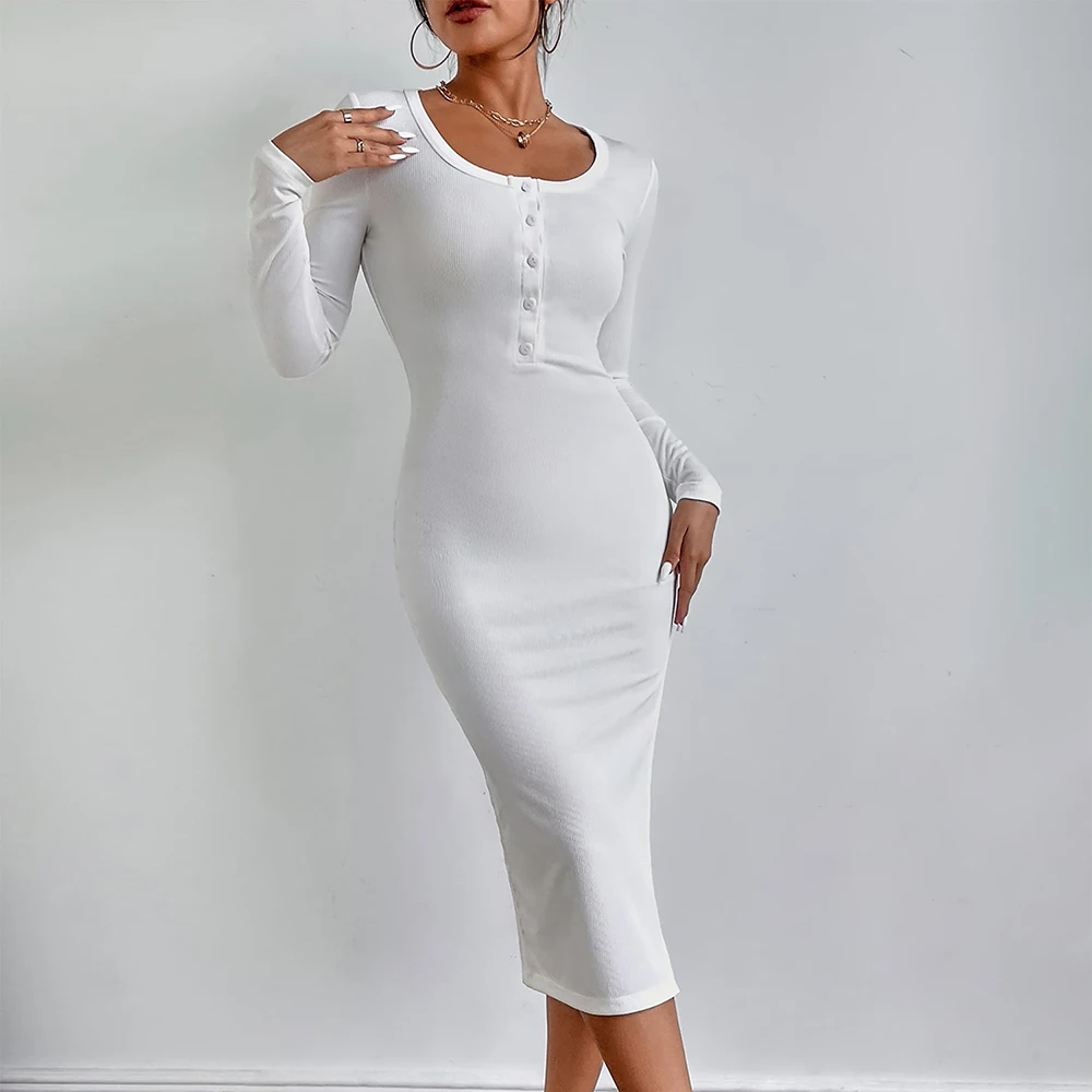 

Solid Color Long Dress Women Side Slit Long Sleeve Bodycon Dresses Sexy Slim Fit Party Dress Nightclub White Autumn Clothing