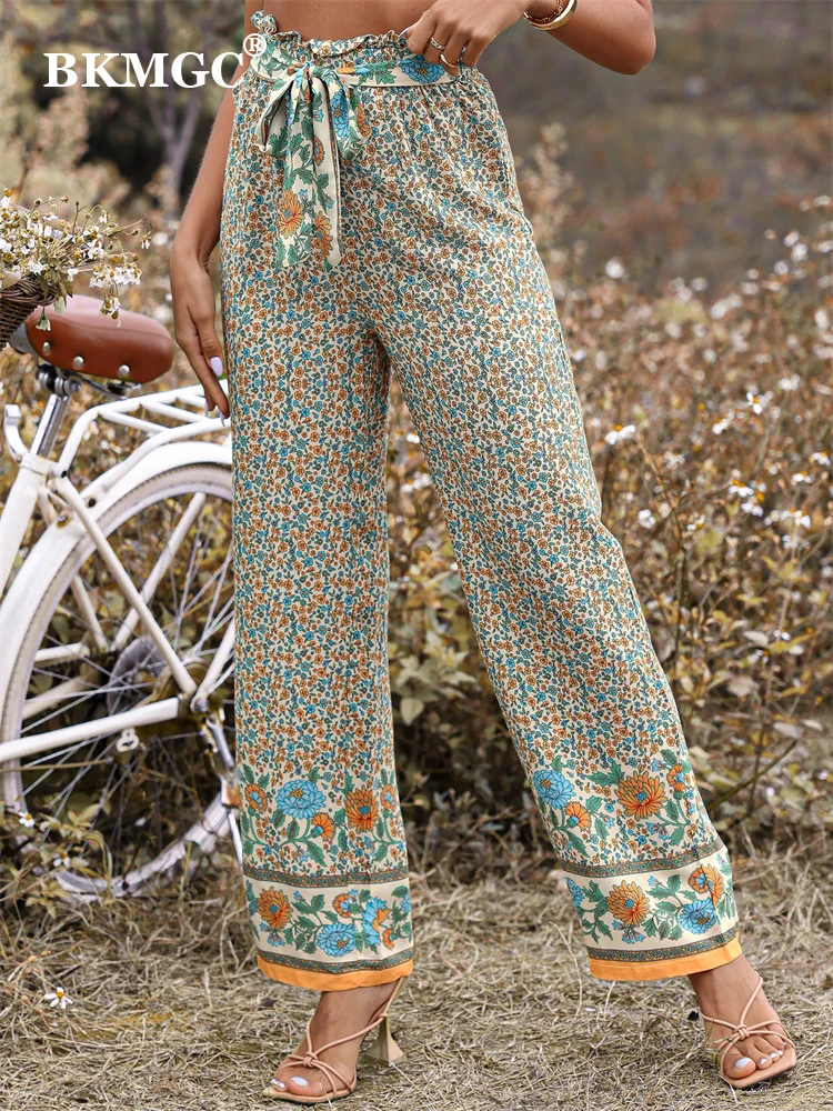 Bkmgc Vintage Pants Women Fashionable Small Floral Casual Retro