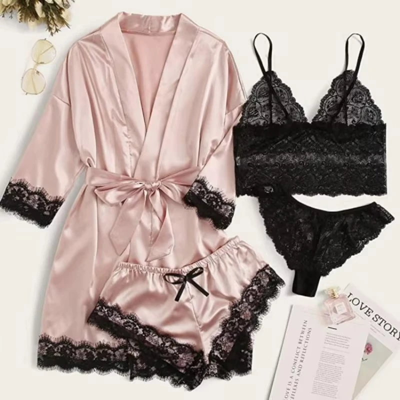 Women Pajamas Set 4 Pieces Summer Sexy Pajama Pants Lace Satin Silk Sleepwear Robe Nightwear