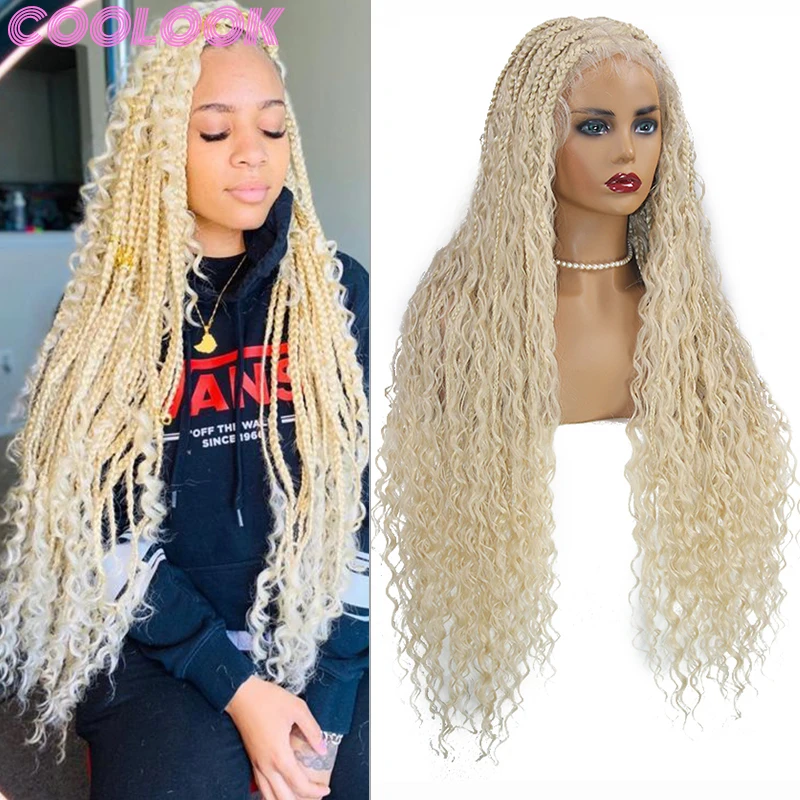 

Honey Blonde Box Braided Full Lace Wig for Women 32inch Bohemian Knotless Braid Wigs Synthetic Lace Front Braids Wig with Plaits