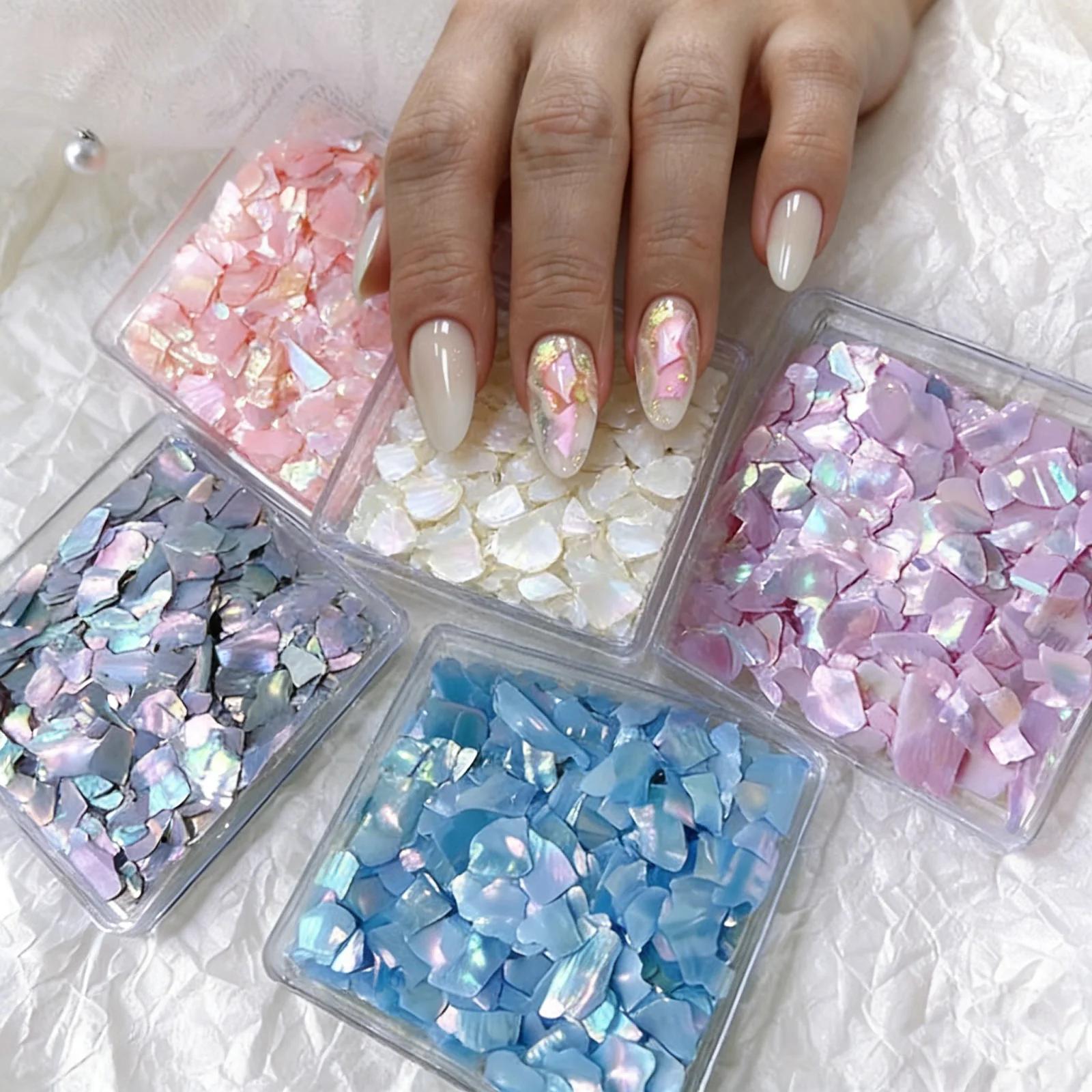 Natürliche Muschelschalen-Flocken für Nagelkunst-Dekoration, 3D Aurora Abalone Schönheit, Unregelmäßige Muschelscheiben, DIY Maniküre Pailletten Zubehör – Detail 1