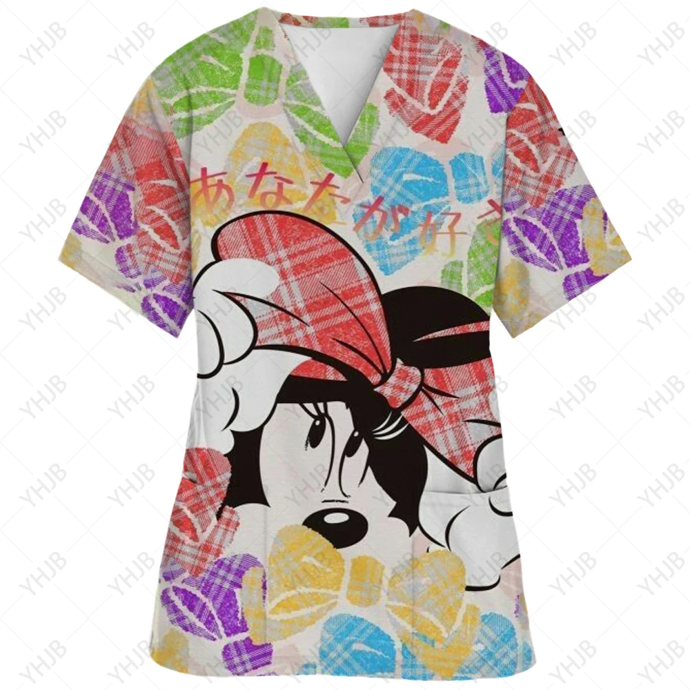 thumbnail image 1 of Uniforme de enfermera de verano con estampado de Mickey Mouse de Disney, ropa de trabajo para dentistas, salones de belleza y tiendas de mascotas, camisetas con cuello en V y bolsillos, 1 of 5