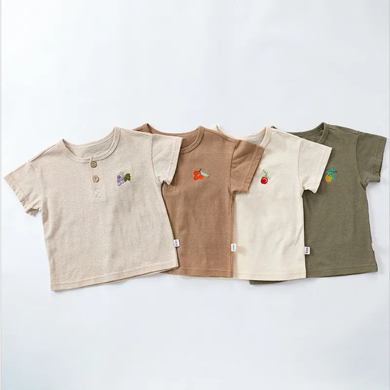 

Summer Children's Embroidered Short Sleeved T-shirt for Boys and Girls Clothes Summer Newborn Baby Solid Bottom Shirt Top Trendy