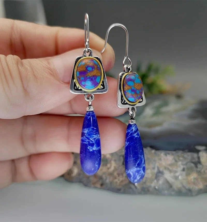 Dangle Earrings Drop Earrings Pendant Earrings Long Earrings Dome Teardrop Earrings Bohemian Style Lapis Lazuli stone Dangle Hook Earrings Wedding Engagement Earrings for Women