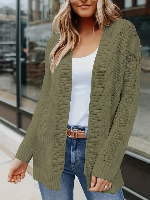 Solid Cable Knit Cardigan, Casual Open Front Long Sleeve Sweater, Women's 4