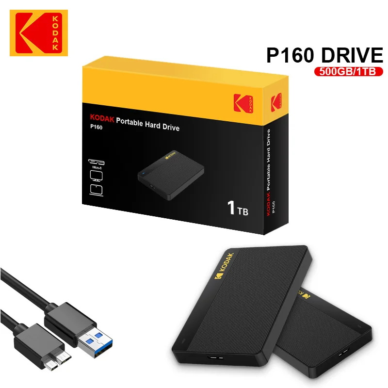 코닥 휴대용 외장 하드 드라이브 P160 500GB USB 3.0 PHDD 외장 하드 디스크 PS4/PS5 Xbox Mac PC에 적합