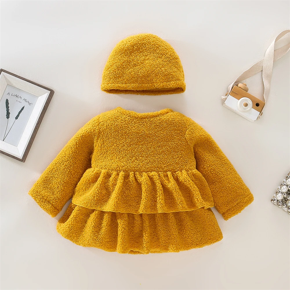 Autumn And Winter Baby Girl'S Wool Sweater Jacket+Hat Baby Girl'S Single Breasted Patchwork Lace Daily Casual Jacket 2 PCS