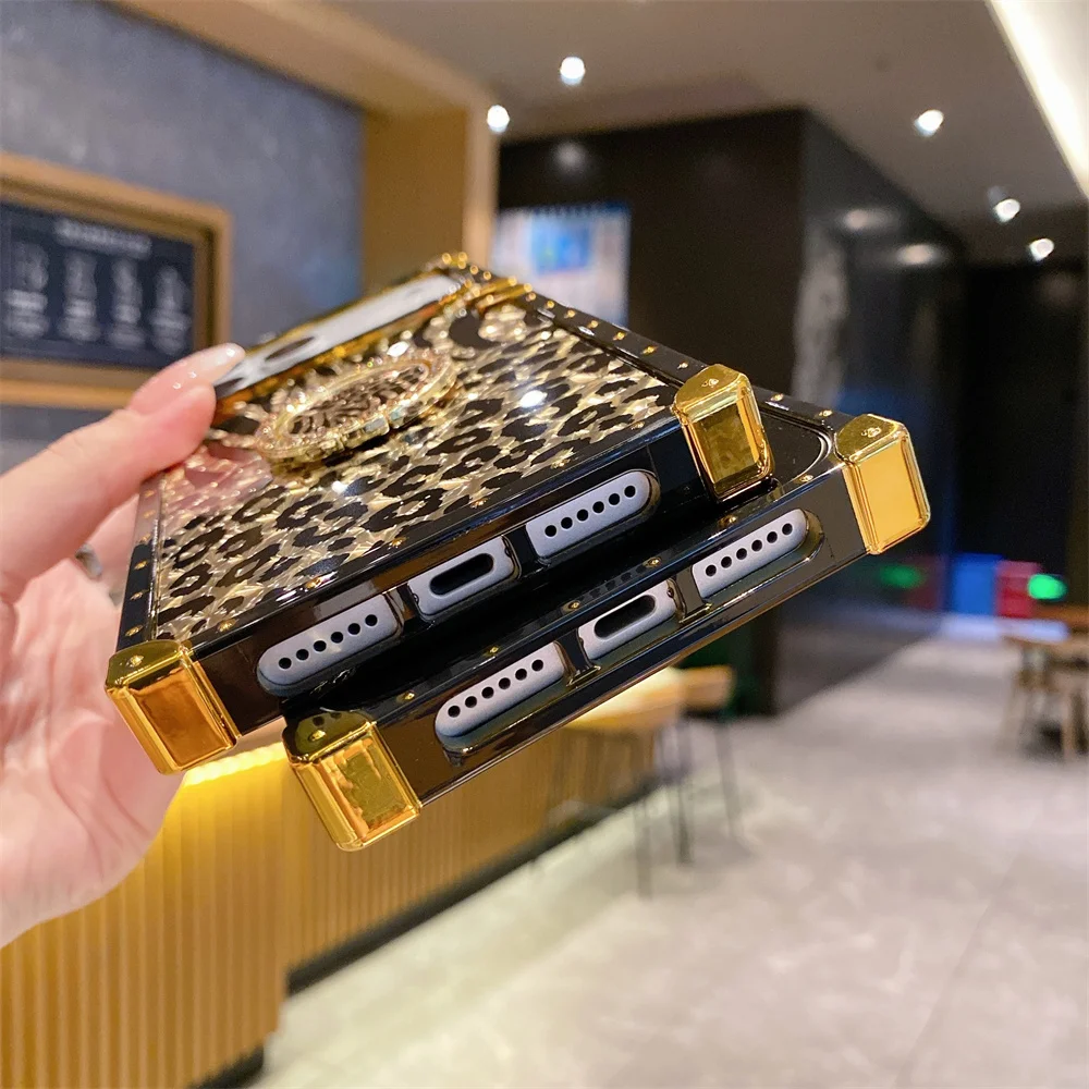 Luxury Leopard Gold Plating Glitter Case with Diamond Ring Stand Cover