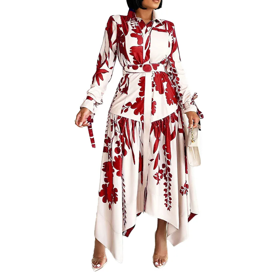 

African Print Shirt Dresses For Women Big Size Fashion Nigeria Africa Clothing Lapel Long Sleeve Irregular Long Dress Robe Femme