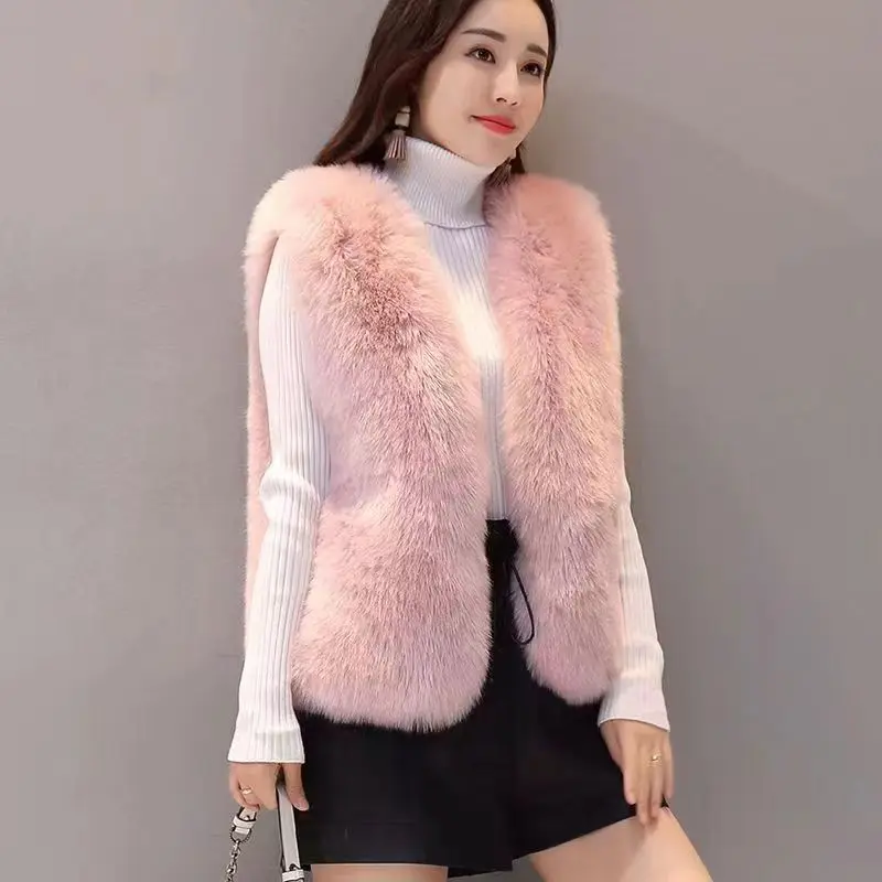 

Winter Women Faux Fur Vest Coat Female Warm Cotton White Black Gray Jacket Solid V-neck Casual Sleeveless Coats R18