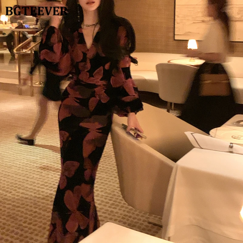 

BGTEEVER Elegant V-neck Long Sleeve Female Printed Dress Vintage Slim Waist Lace-up Women Package Hip Dress Spring Vestidos