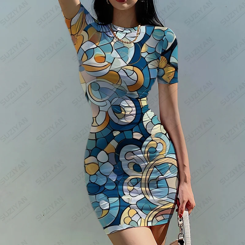 

Summer new ladies slim dress color stitching 3D printed lady slim dress sexy style ladies slim dress fashion ladies slim dress