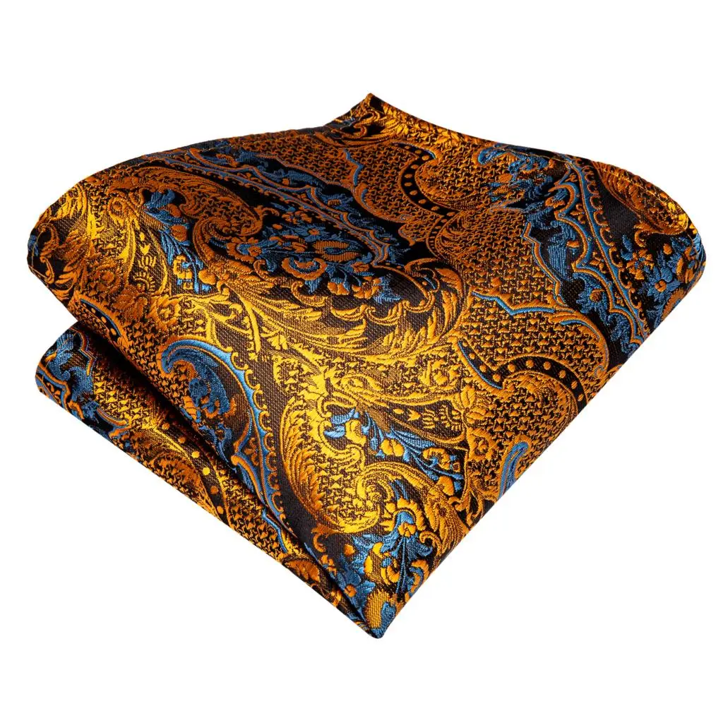 Hi-Tie Silk Mens Ties Floral Black Gold Ties Paisley NeckTie Pocket Square Cufflinks Set Men's Wedding Party Tie